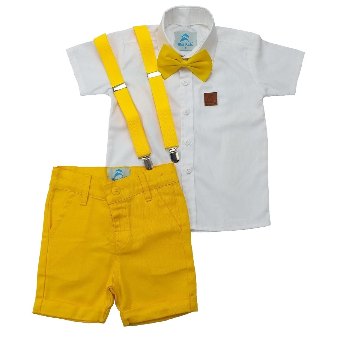 conjunto roupa infantil masculina camisa branca bermuda amarela